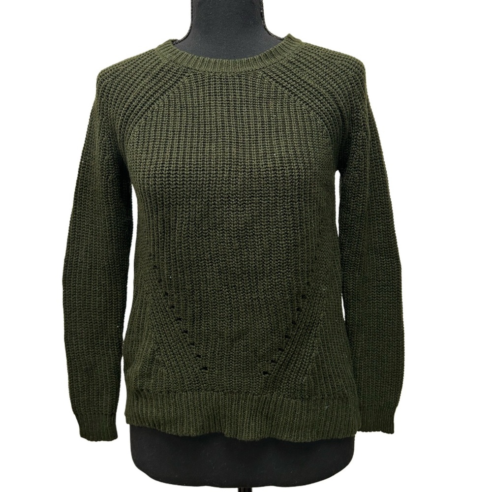 Dark forest green knit sweater with a scoop neck and long sleeves